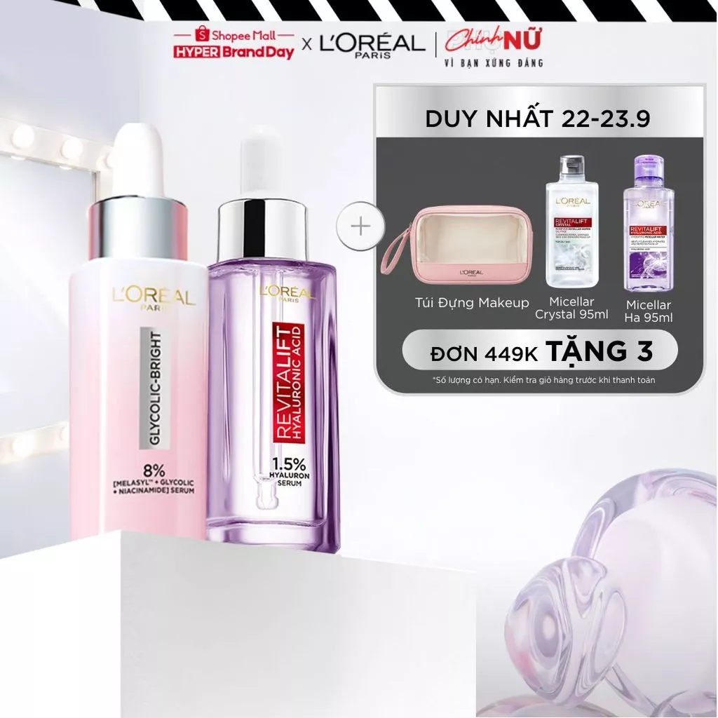 Bộ 2 Serum siêu cấp ẩm Hyaluronic Acid 1.5% 30ml & Glycolic Melasyl 8% dưỡng sáng da, mờ thâm mụn nám Loreal Paris