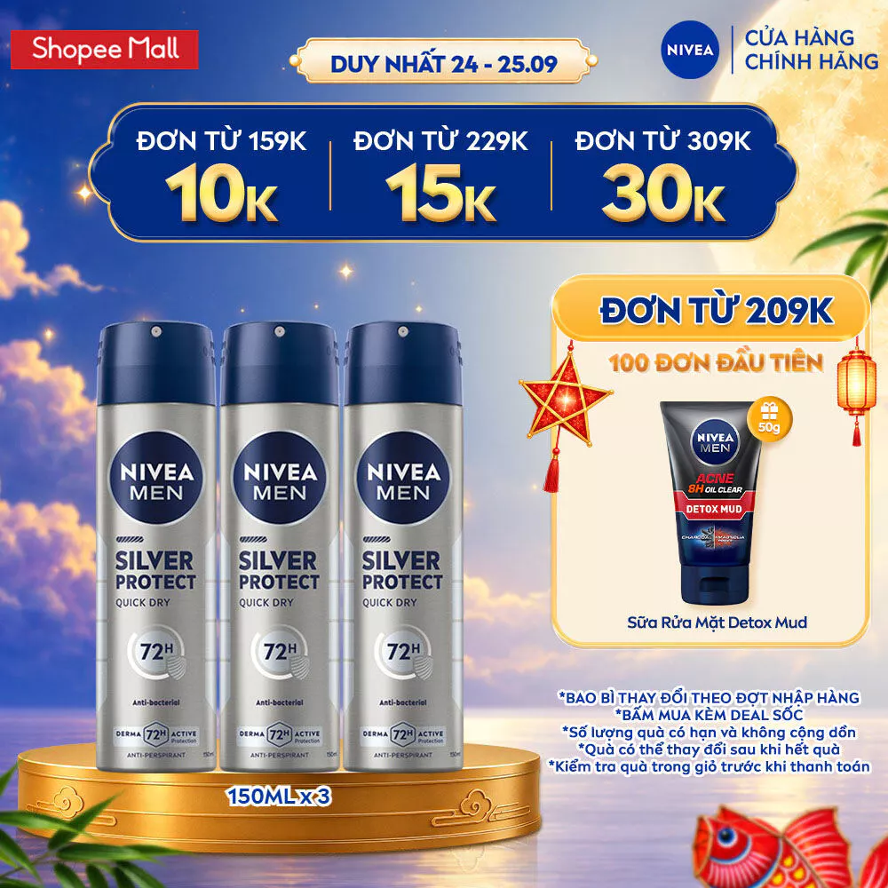 Combo 3 Xịt Khử Mùi Nam NIVEA MEN 150ml Ngăn Mồ Hôi, Khô Thoáng - Silver Protect/Cool Kick/Dry Impact