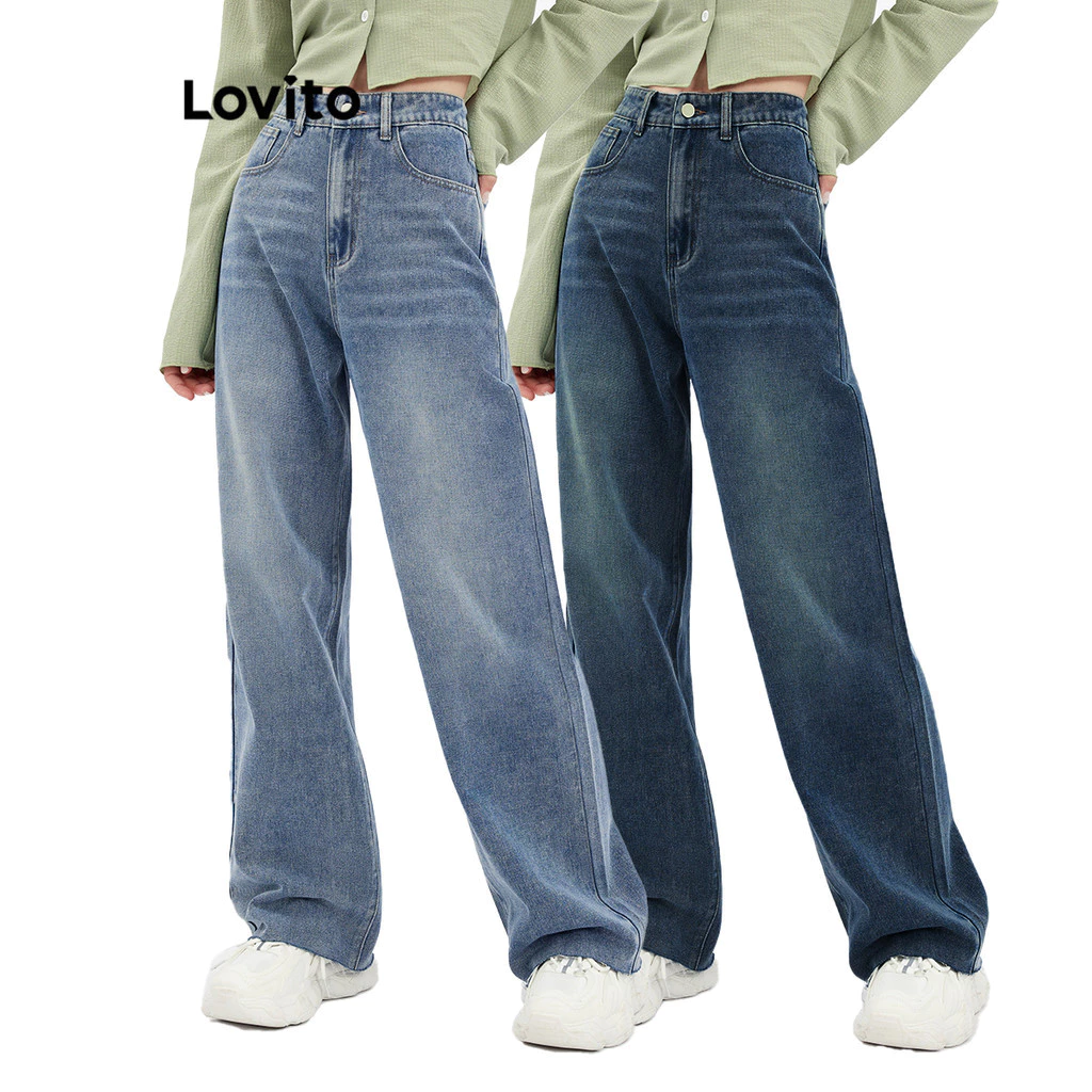 Quần jean sờn Lovito eo cao ống loe màu trơn phong cách thường ngày quần jean ống rộng quần bò ống suông L30AD050 (màu xanh dương)