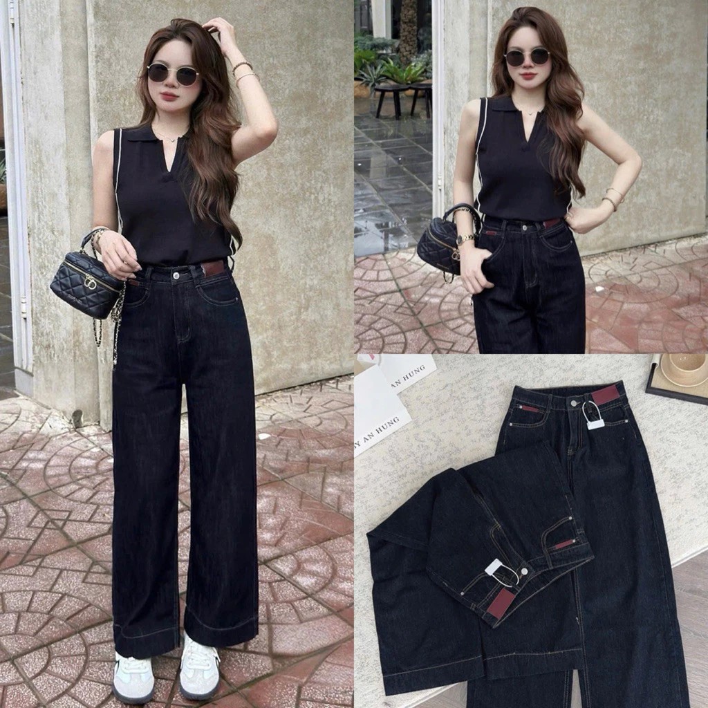 Quần Jean Nữ Ống Suông Màu Xanh Đen Denim Phối Đai Da Nâu Dài 95-102cm Denim Đứng Form #8256 #8302 AN TÂY