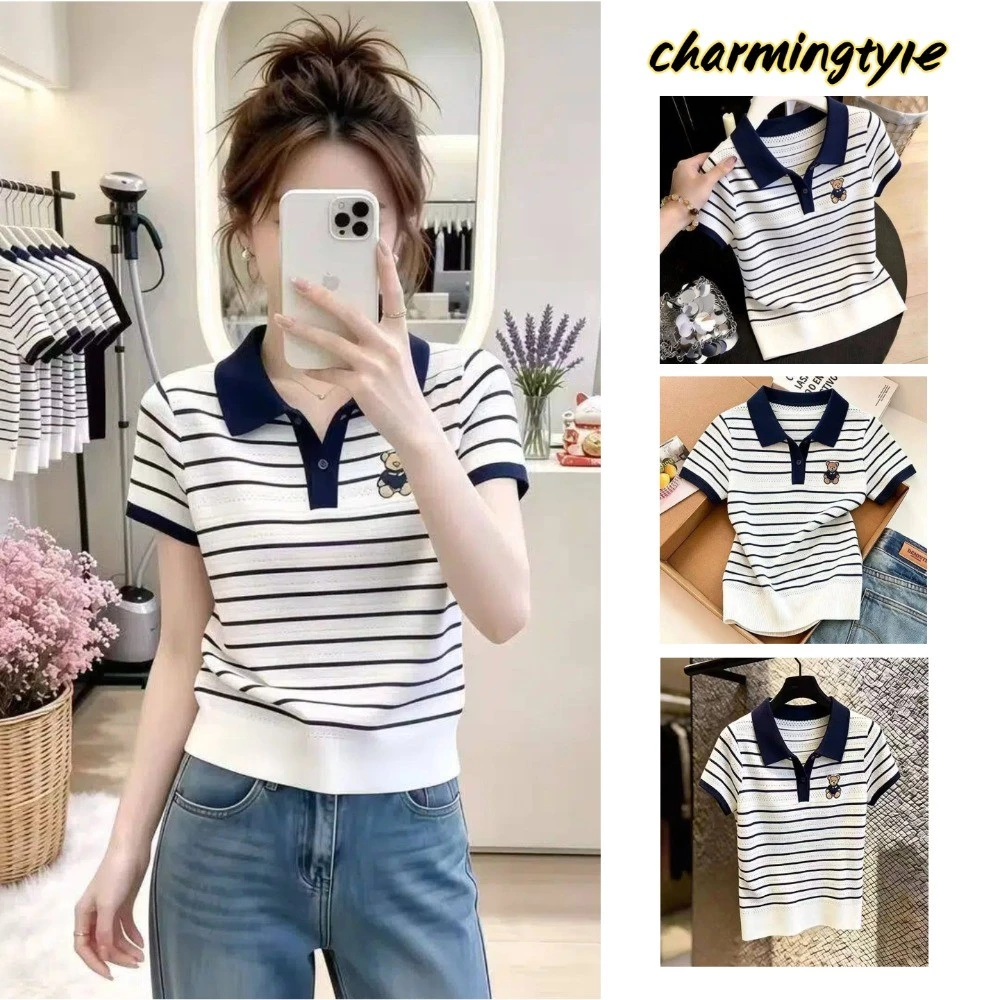 Áo Len Nữ Mùa Hè Và Thu Mới, Kiểu Hàn Quốc, Áo Thun Tay Ngắn Cổ Polo Thêu Hình Gấu Kẻ Sọc Thời Trang.