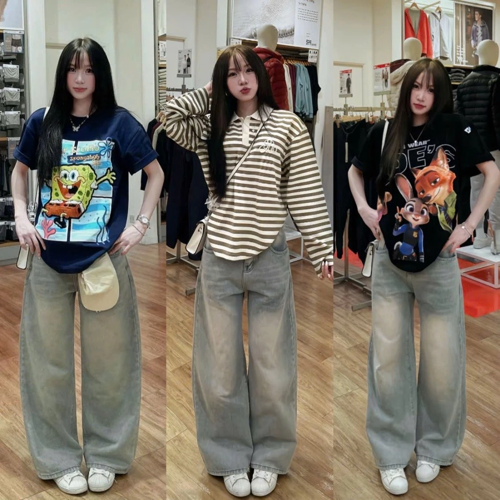 Quần jean bò ống rộng suông xuông nữ jeans cạp cao phong cách style ms10