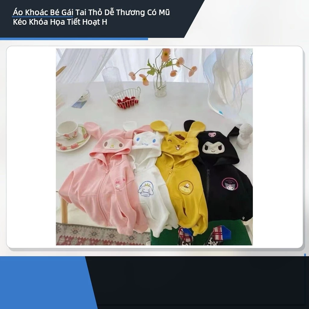 Áo Khoác Bé Gái Tai Thỏ Dễ Thương Có Mũ Kéo Khóa Họa Tiết Hoạt Hình ✨deerlu05.vn✨
