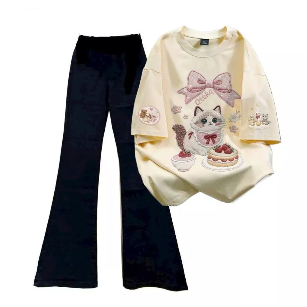 ( Rẻ Vô Địch ) Set quần ống loe dài co dãn  + mix áo phông cotton nổi bật  bông hoa-thuba31588