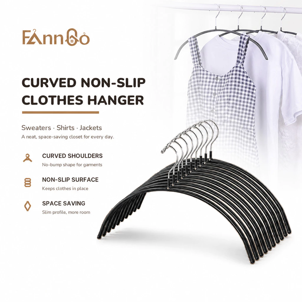 Móc treo kim loại đen FannGo, bộ 10 chiếc, nhẹ, chống trầy xước, móc treo góc vai tròn, tiết kiệm không gian, không để lại vết, chống va chạm, thích hợp cho vest và áo sơ mi.