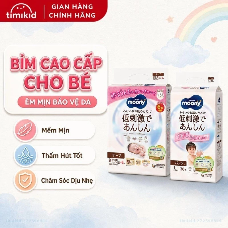 [CHÍNH HÃNG] Bỉm Moony Chính Hãng UNICHARM Bỉm Moony Trắng Diu Nhẹ Cao Cấp Cho Bé Đủ Size DÁN/QUẦN