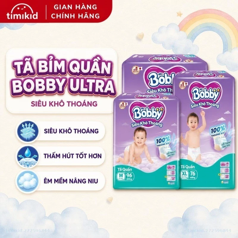 Tã Bỉm Quần Bobby Ultra Phiên Bản Cải Tiến Thế Hệ Mới, Siêu Khô Thoáng, Thấm Hút Tốt Hơn