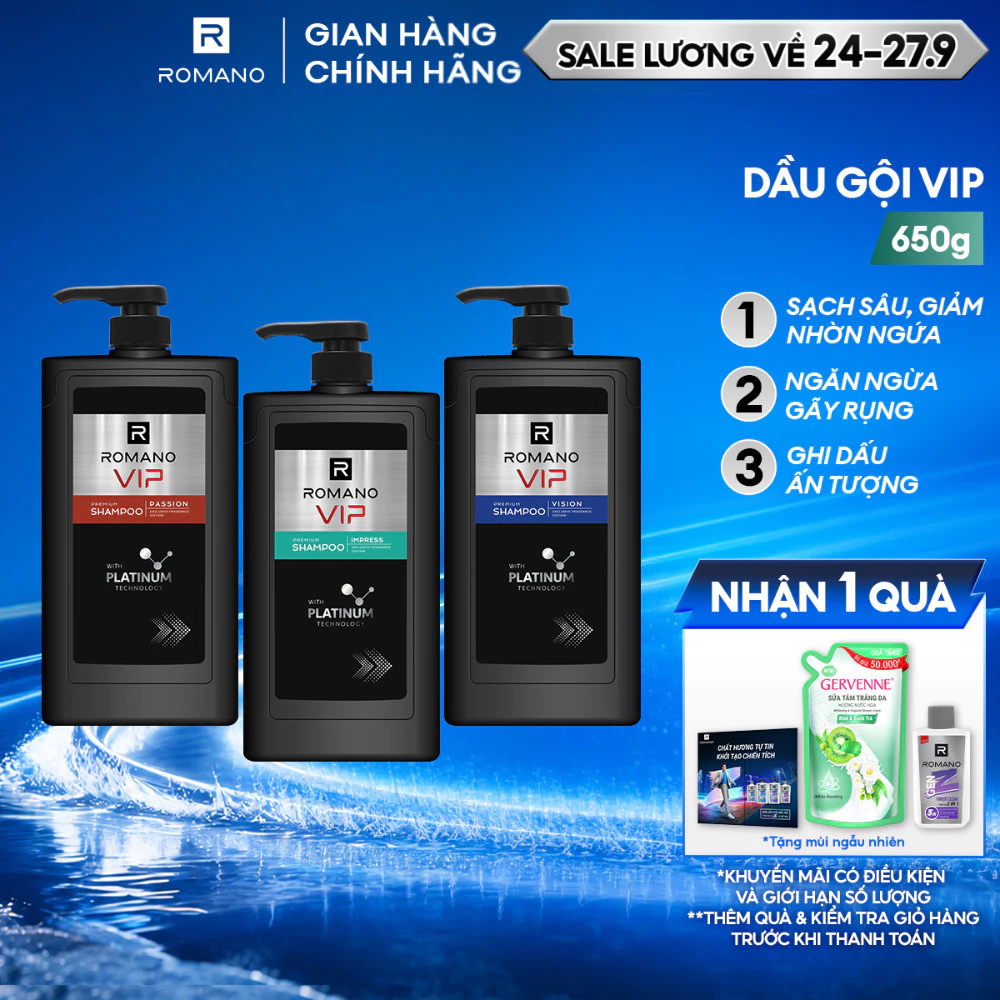 Dầu gội nam cao cấp Romano VIP Passion / Vision / Impress 650g