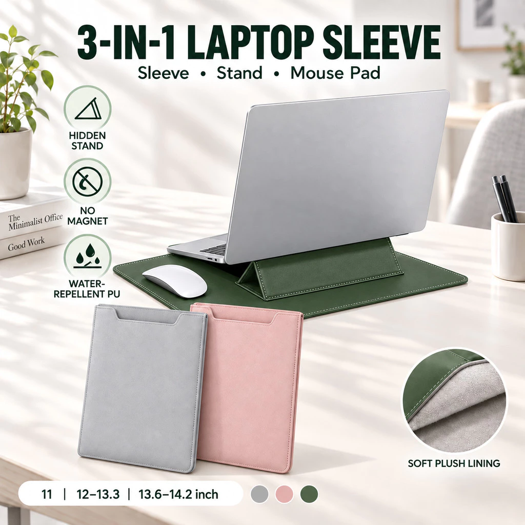 Túi Đựng Laptop Da PU Có Giá Đỡ Ẩn Tấm Lót Chuột Lót Lông Mềm Chống Bắn Nước Cho Máy 11 Đến 14.2 Inch