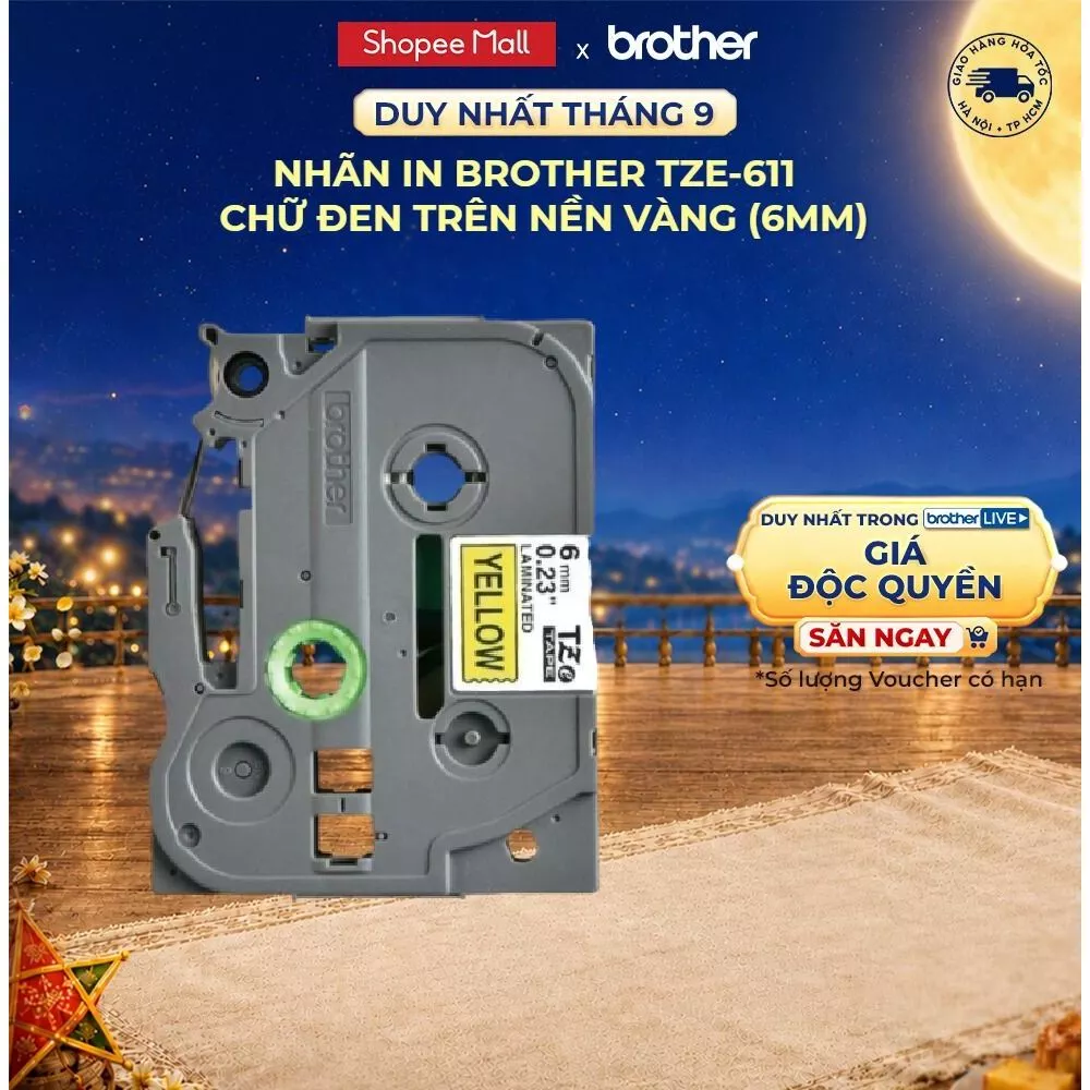 Nhãn in Brother TZe-611 chữ đen trên nền vàng (6mm)