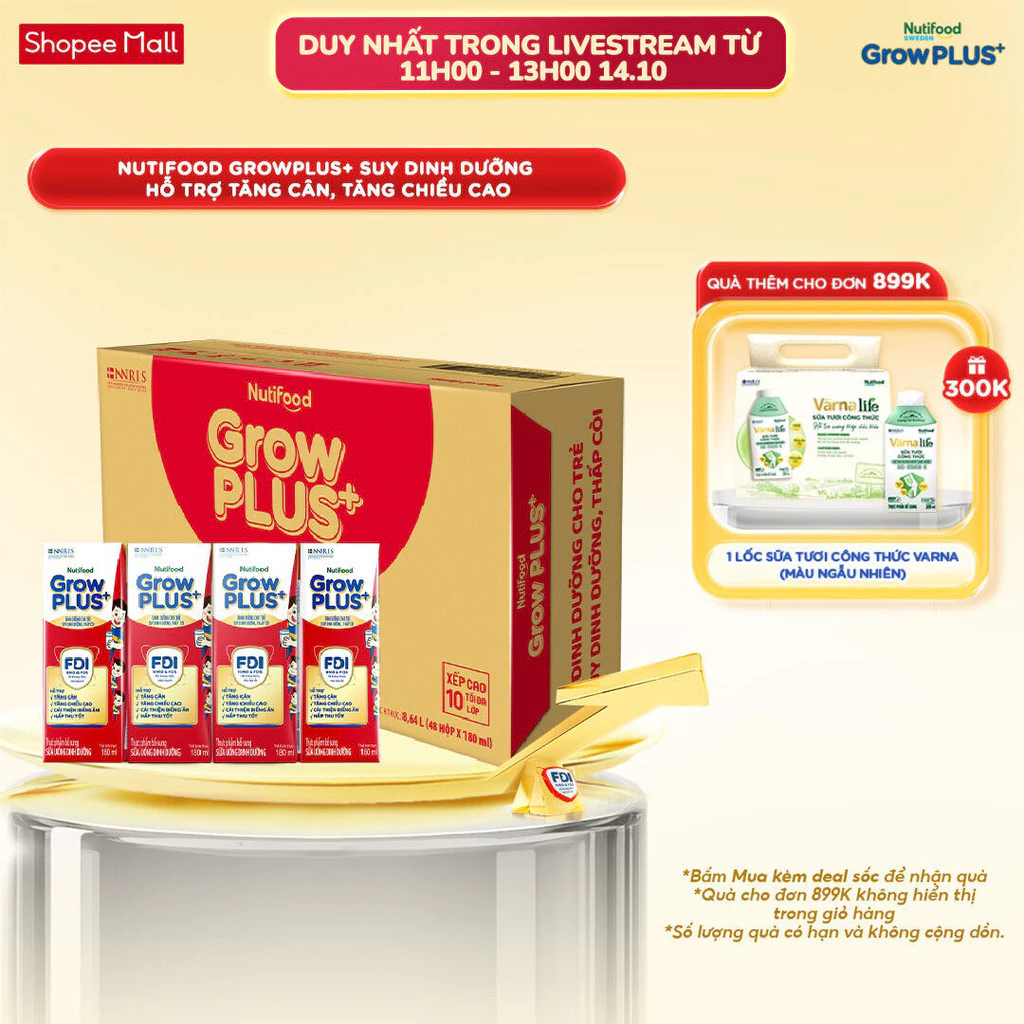 Thùng SBPS Nutifood GrowPLUS+ Đỏ (Suy Dinh Dưỡng) - Tăng Cân, Tăng Chiều Cao (48 Hộp x 180ml) (Bao bì tùy lô hàng)