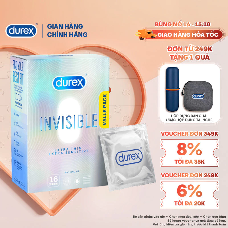 Bao Cao Su Durex Invisible Siêu Mỏng, Size 52 mm, Hộp 16 Bao Mới Ra Mắt - Hộp Lớn Siêu Tiết Kiệm