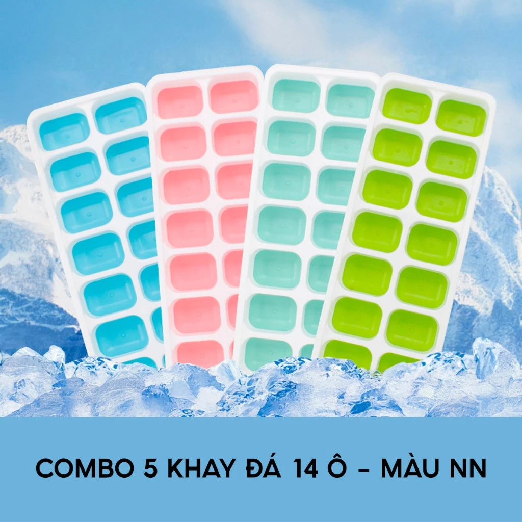 Set 5 Khay Làm Đá Silicon Có Nắp Đậy Kháng Khuẩn Chống Mùi Tủ Lạnh, Khuôn Làm Đá , Làm Thạch Giải Khát Mùa Hè