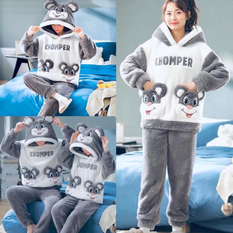 Bộ Ngủ Lông Cừu Thêu Gấu Trắng Chomper - Pijama Mũ Tai Gấu Xám Mượt Mà Ấm Áp B19853