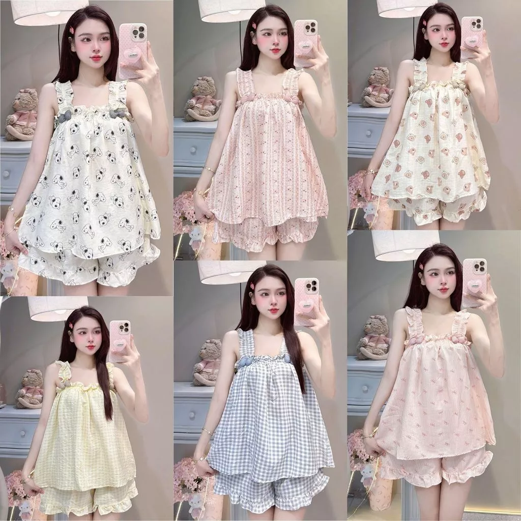 Bộ Đồ Ngủ Nữ JUSOKA  Pijama DU54 Đũi Vân Mây 2 Dây Viền Bèo Đính Nơ Mềm Mịn Cao Cấp Thoải Mái Dễ Thương