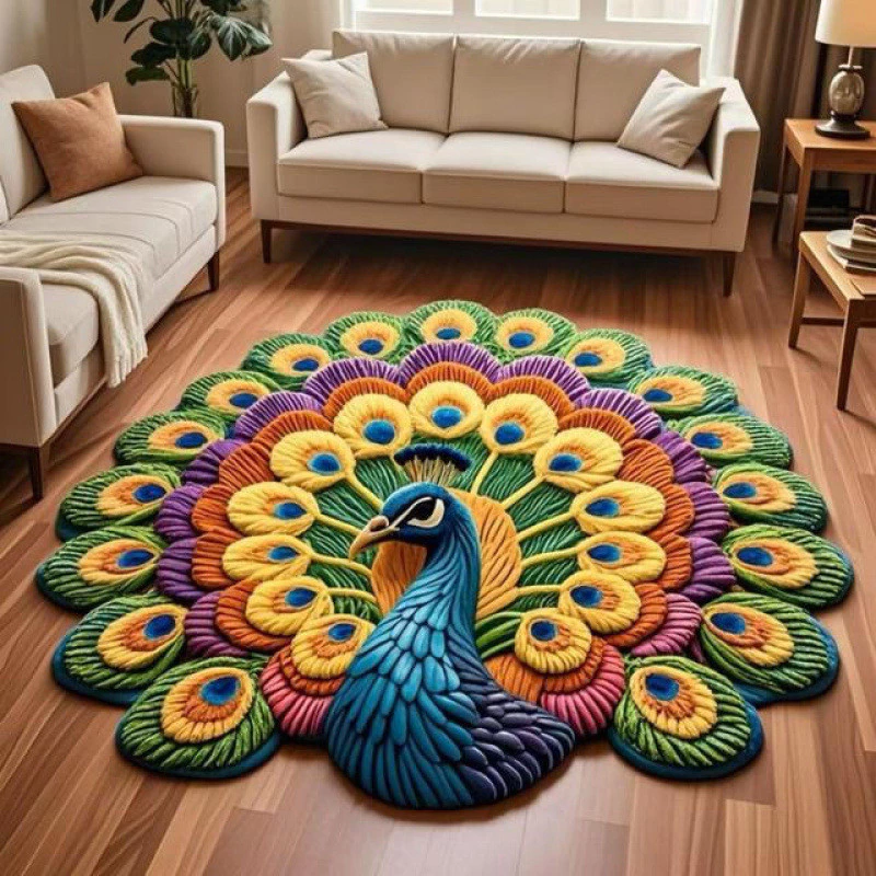 [Sản phẩm mới] Thảm trải sàn nhung pha lê hình con công 3D sáng tạo Sofa phòng khách gia đình Thảm trải bàn cà phê chống trượt Hàng có sẵn