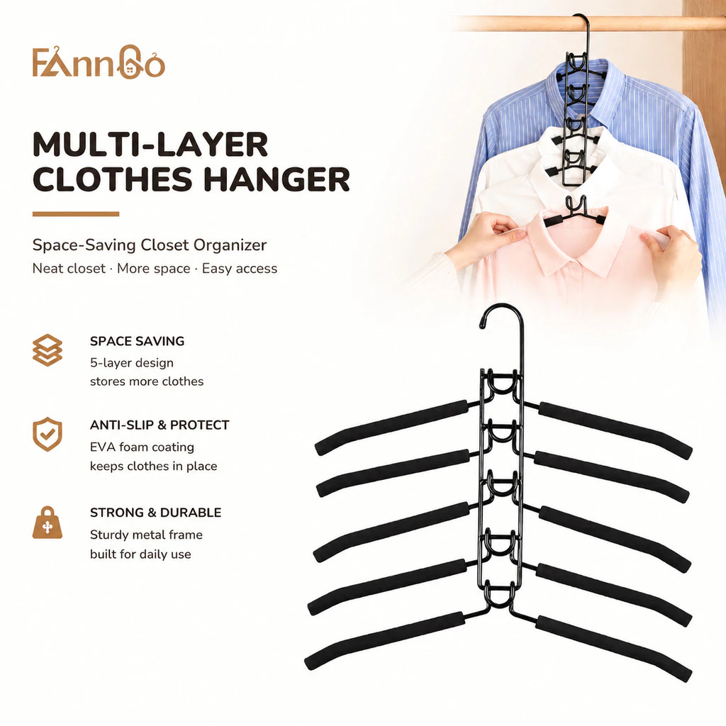 Hàng sẵn có Móc treo quần áo tiết kiệm không gian nhiều lớp bằng kim loại chống trượt EVA Foam độn Móc treo sắp xếp hạng nặng cho áo len Áo sơ mi Áo khoác Tủ quần áo Bảo quản màu đen 1Pc