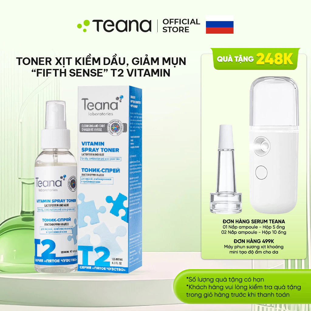Toner Teana "Fifth Sense" T2 Vitamin Spray dạng xịt giúp kiềm dầu, giảm mụn với chiết xuất lô hội và Lactoferrin 125ml