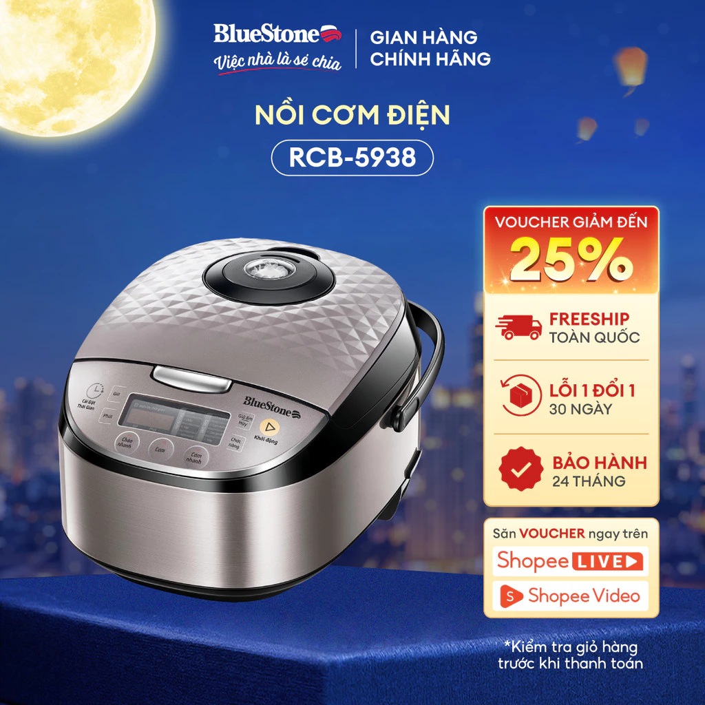 Nồi Cơm Điện Tử Bluestone RCB-5938 - 1.8 Lít - 760W - Lòng Nồi Chống Dính - 8 Chức Năng Nấu-Thiết Kế Hiện Đại -Bh2 năm