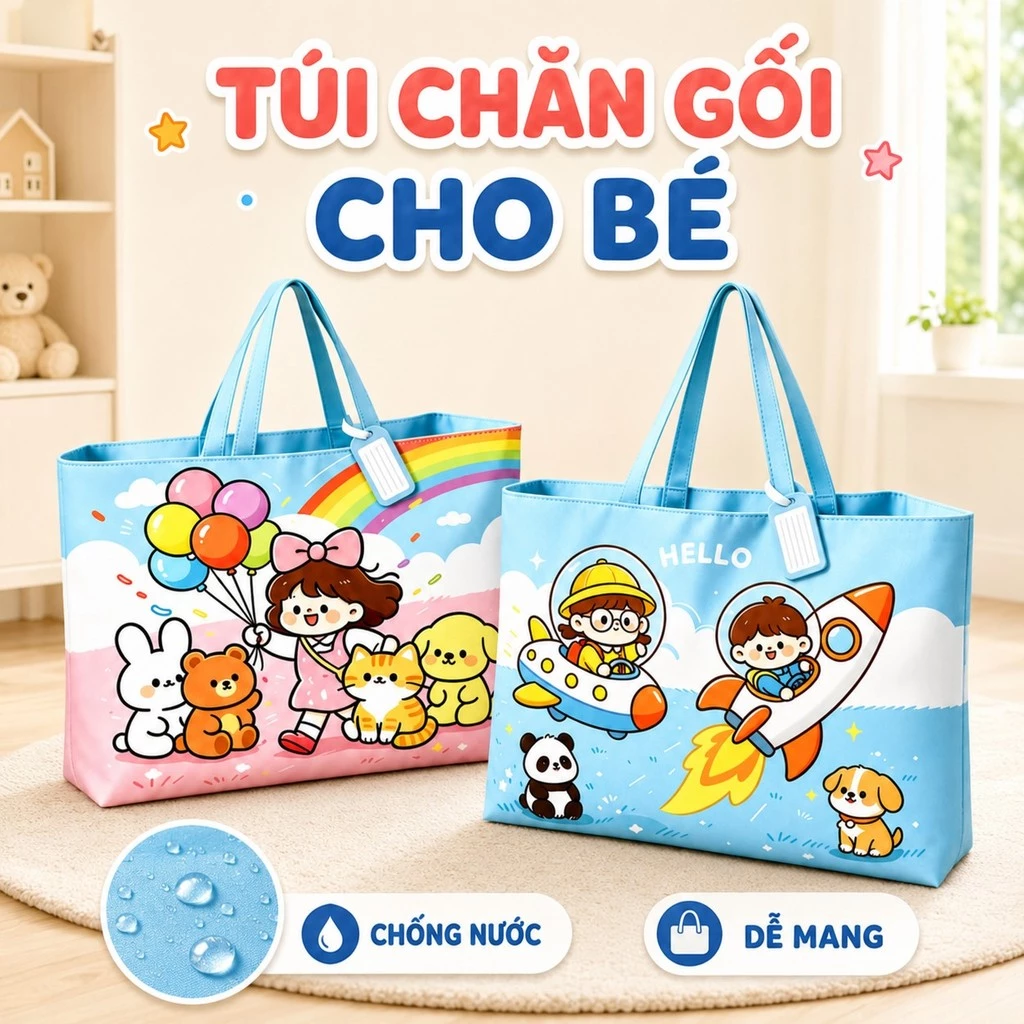 Túi Đựng Chăn Gối Mẫu Giáo Quai Xách Chống Nước, Túi Đựng Quần Áo Đa Năng Cho Bé Bền Chắc