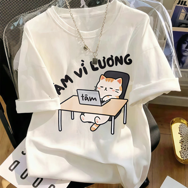 Áo thun nữ cao cấp cổ tròn tay ngắn trắng in mèo vui vải thoáng mát mặc dễ chịu kiểu basic đơn giản