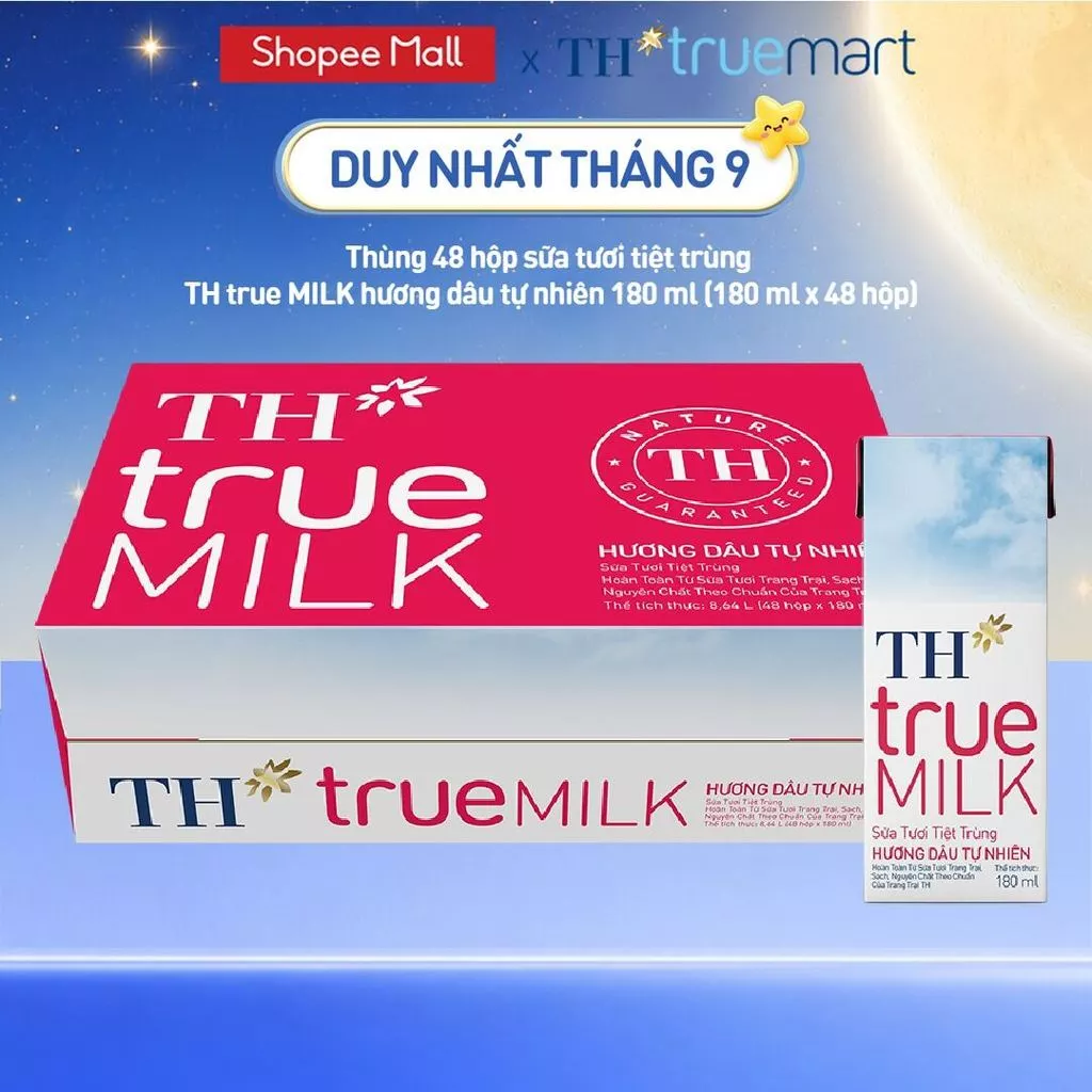 Thùng 48 hộp sữa tươi tiệt trùng TH true MILK hương dâu tự nhiên 180 ml (180 ml x 48)