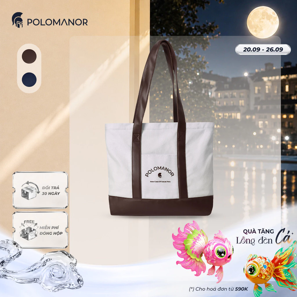 Túi tote vải phối da SIMILI cao cấp, có khóa kéo, đựng laptop nhiều ngăn tiện lợi - POLOMANOR