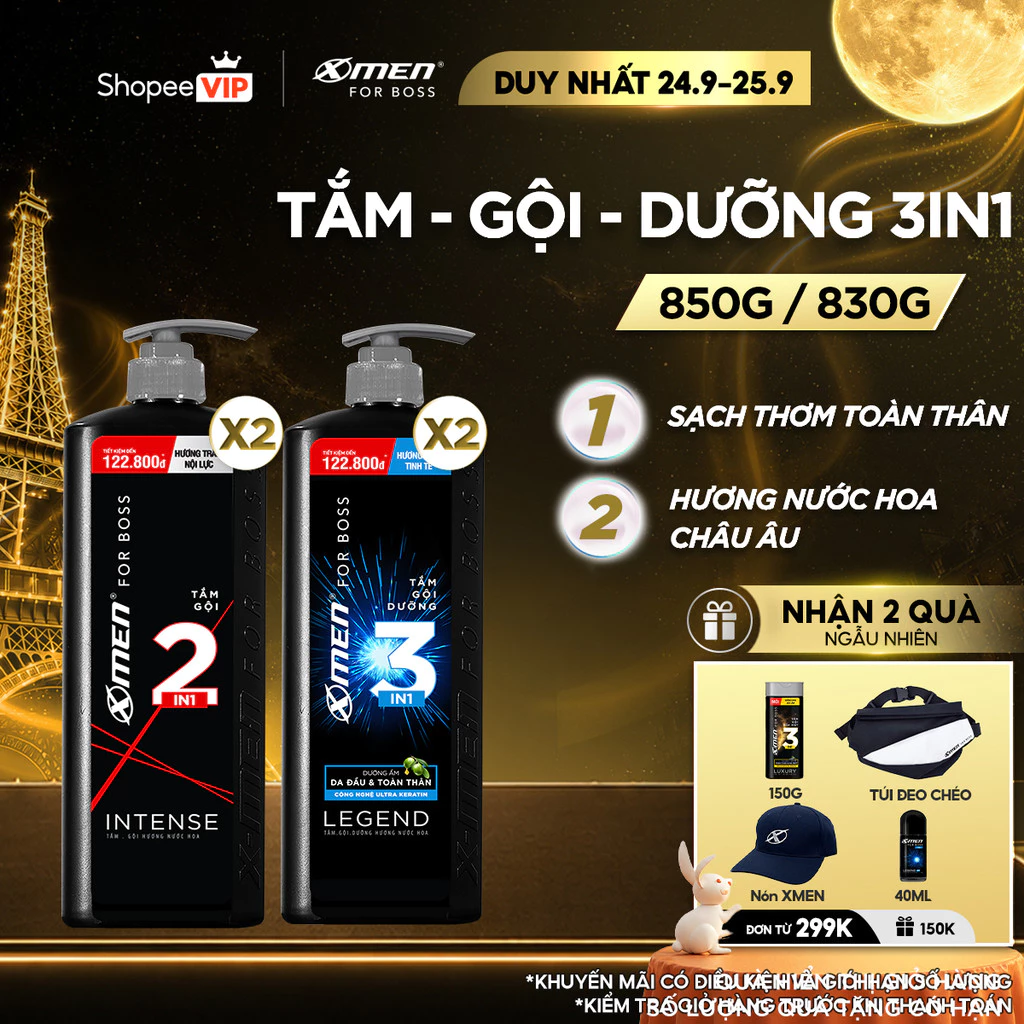 [SVIP] Combo 2 Tắm Gội X-Men for Boss Intense Legend 830g 850g/chai, Hương Nước Hoa Châu Âu