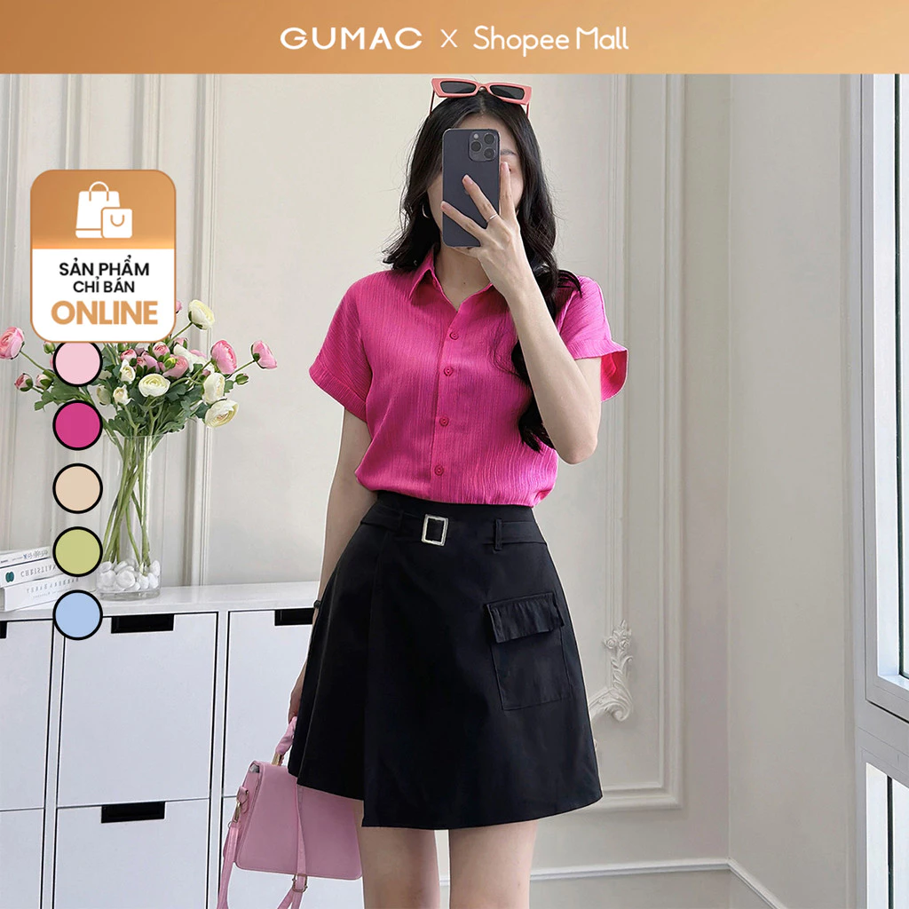 Áo sơ mi nữ kiểu tay liền vải lụa xốp màu hồng, be dáng suông lai lật thời trang GUMAC LAE1032