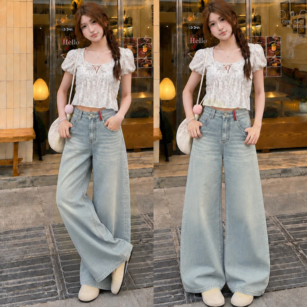 Quần Jean Nữ Ống Suông Rộng 26-30cm MIAA Phối Lai Đỏ Đủ Size XS-XL, Quần bò ống suông nữ có size nấm lùn 95-100cm