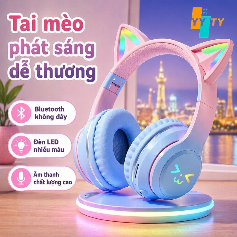 Tai nghe Bluetooth tai mèo, có đèn LED, không dây, gập lại, có mic, dùng chơi game, học online.