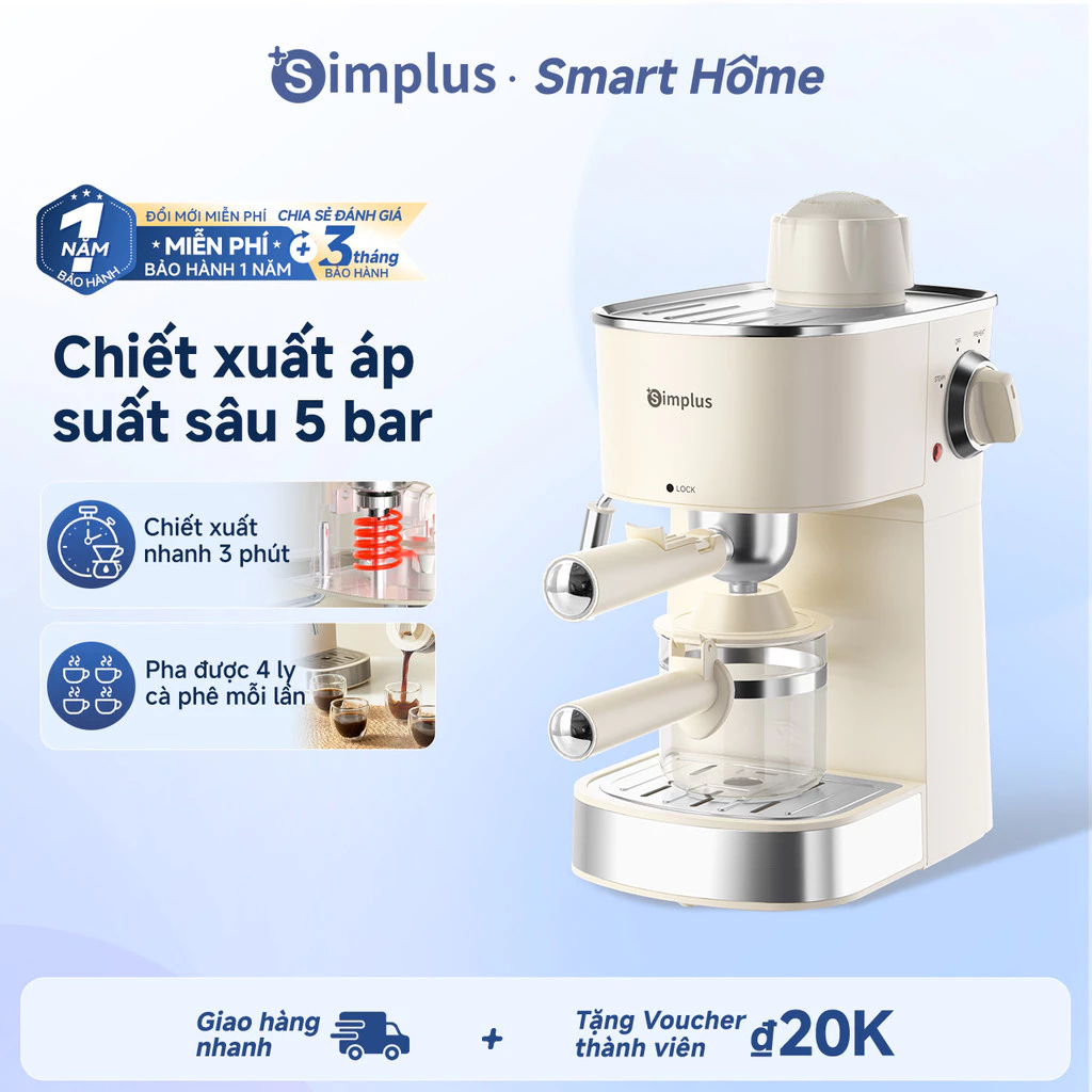 Simplus Máy pha cà phê Ý nhỏ gọn bán tự động áp suất 5 bar Bình nước 240ml inox 304 800W KFJH021-v