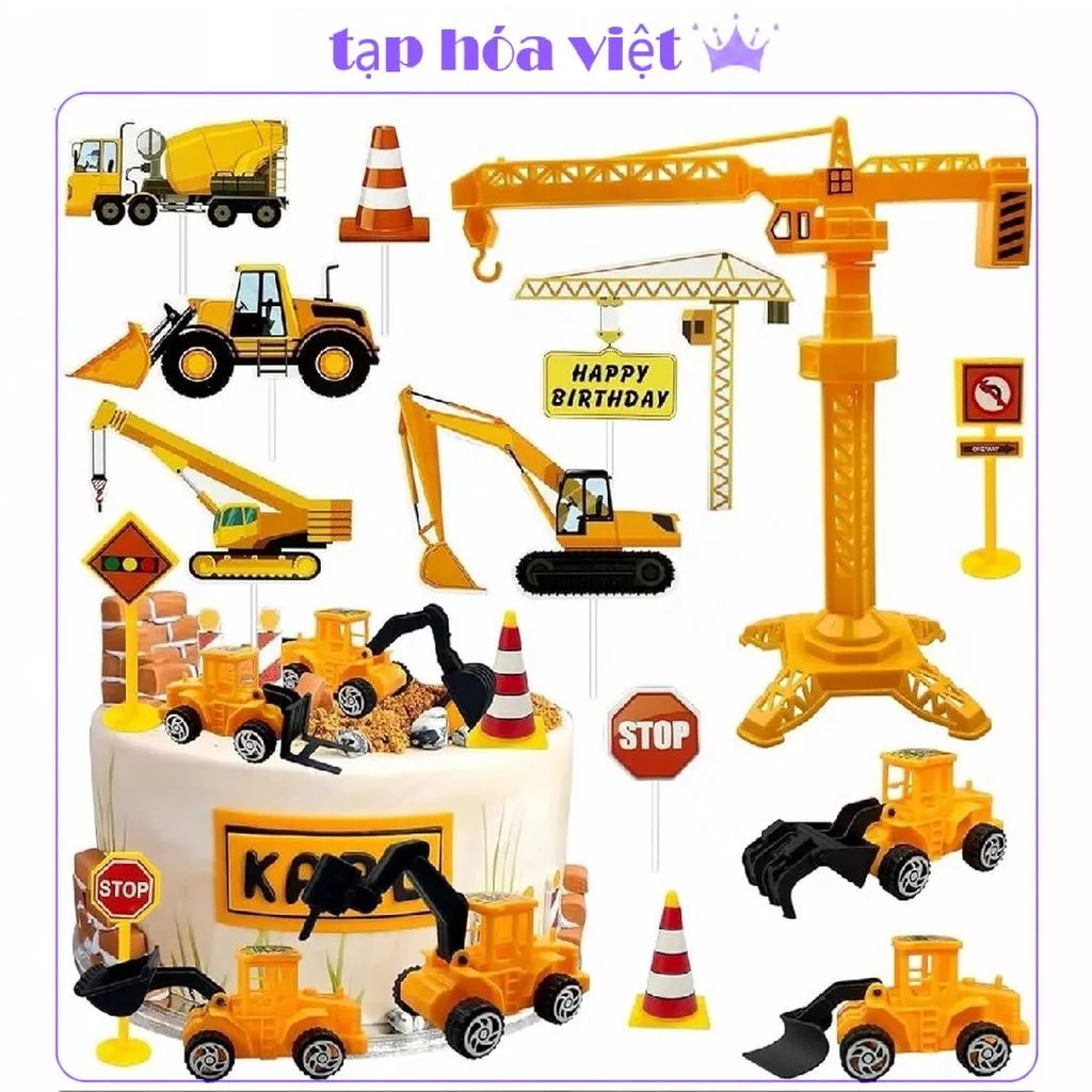 (COMBO 2/5) Máy Cẩu Máy Xúc Xe Công Trường Biển Báo Trục Cẩu Trang trí bánh kem, trang trí bánh sinh nhật