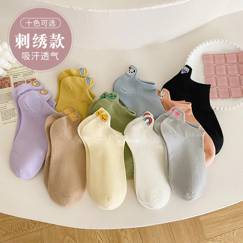 Tất cổ ngắn nữ, tất lười có thêu hoạt hình gót chân, chống tuột, mỏng nhẹ dễ thương, tất đi hằng ngày xuân hè