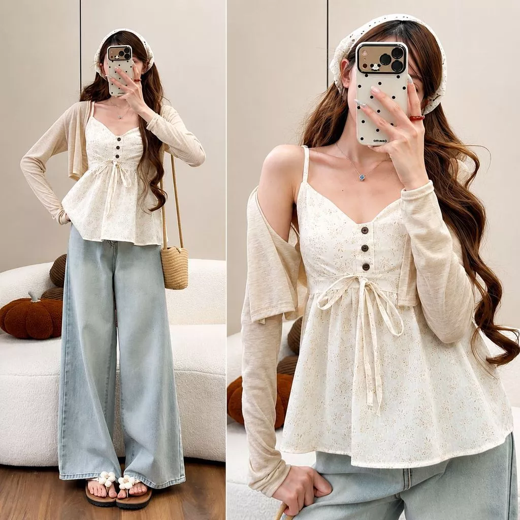 Set Áo Hoa Nhí Nữ Phối Áo Khoác Cardigan Babydoll Thắt Nơ Cổ V Form Rộng Hàn Quốc Hot Trend Ulzzang