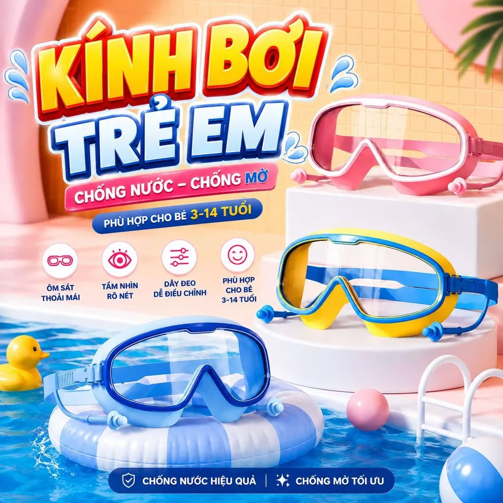 Kính bơi trẻ em có nút bịt tai chống nước chống mờ 3-14 tuổi