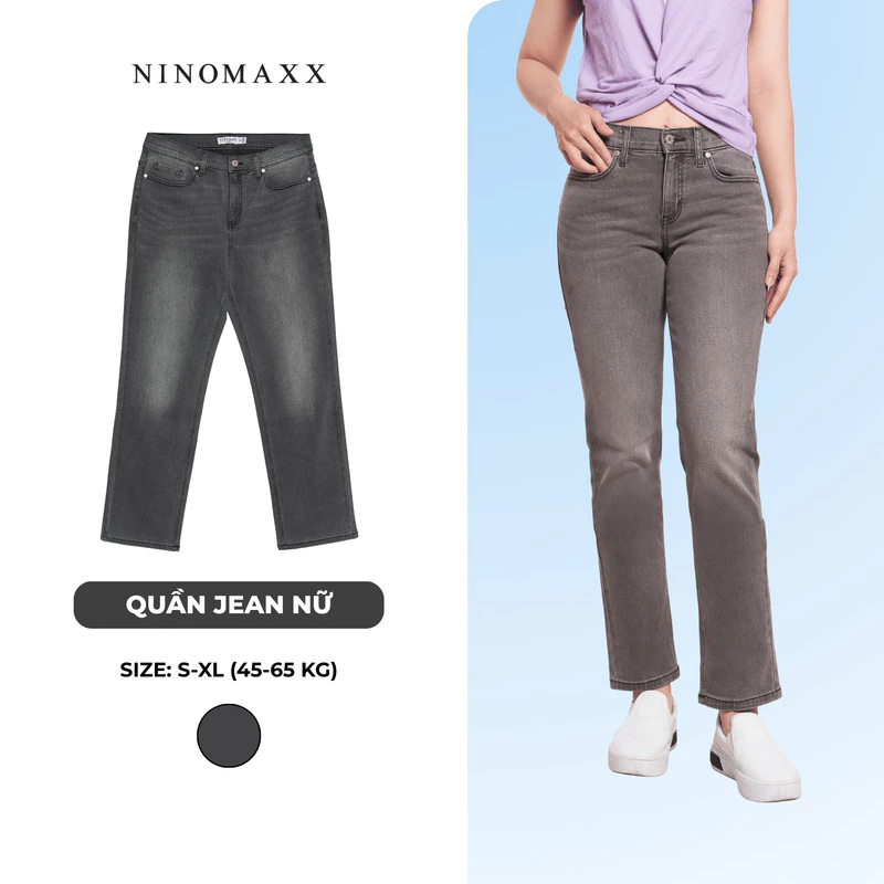 Quần Jean Nữ Cao Cấp Dáng Suông Màu Xám Chất Cotton Co Giãn Thoải Mái NINOMAXX 2208063