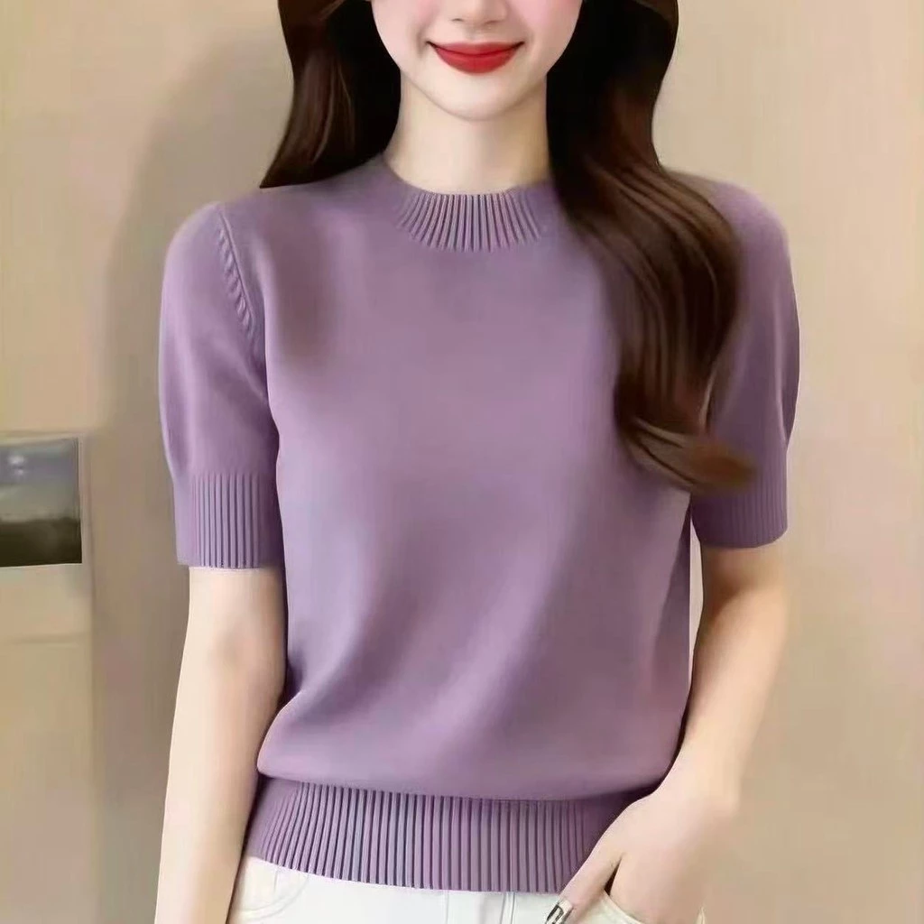 Áo len nữ cổ tròn tay ngắn mùa xuân hè dáng rộng mỏng mới 100% chính hãng quầy trưng bày