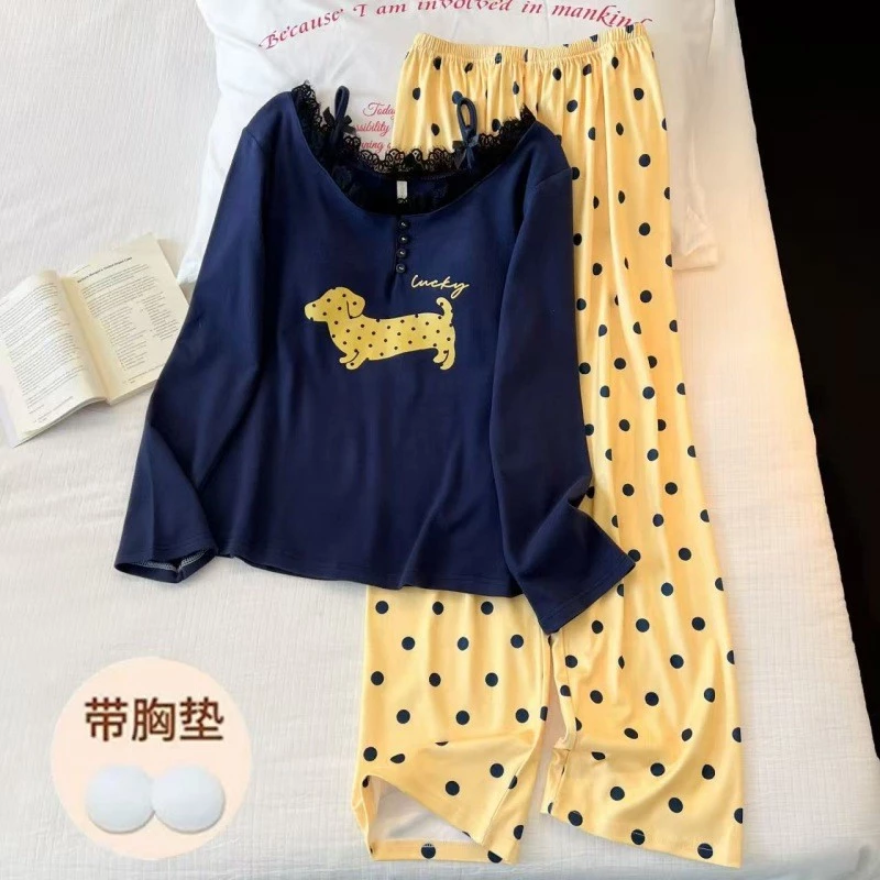 Phong Cách Mới Ren Đức Nhung Dài Tay Quần Ấm Bộ Đồ Ngủ Nữ Xuân Thu Ngọt Ngào Hoạt Hình Loun