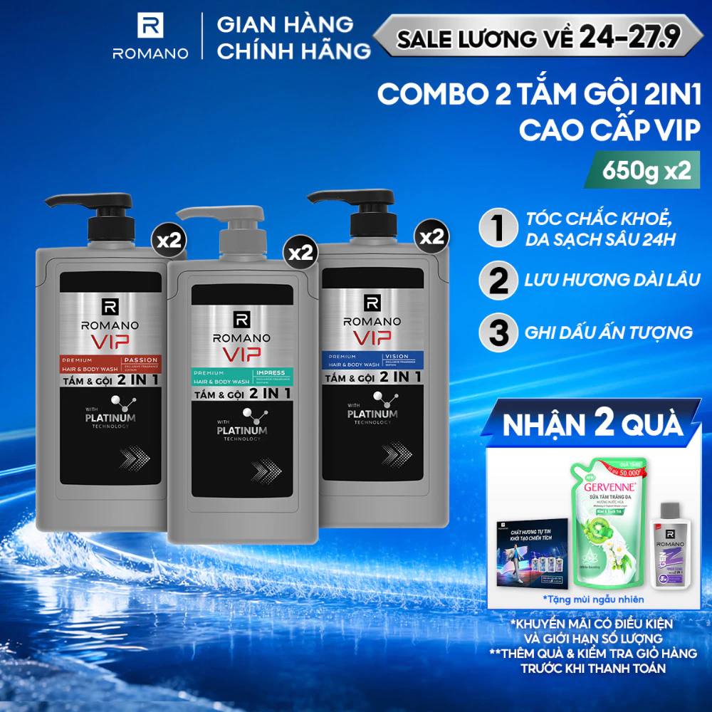 Combo 2 Tắm gội cho nam 2 trong 1 Romano 2in1 VIP Passion / Vision / Impress ( 650g x 2 ) + Tặng kèm Sữa rửa mặt 100g