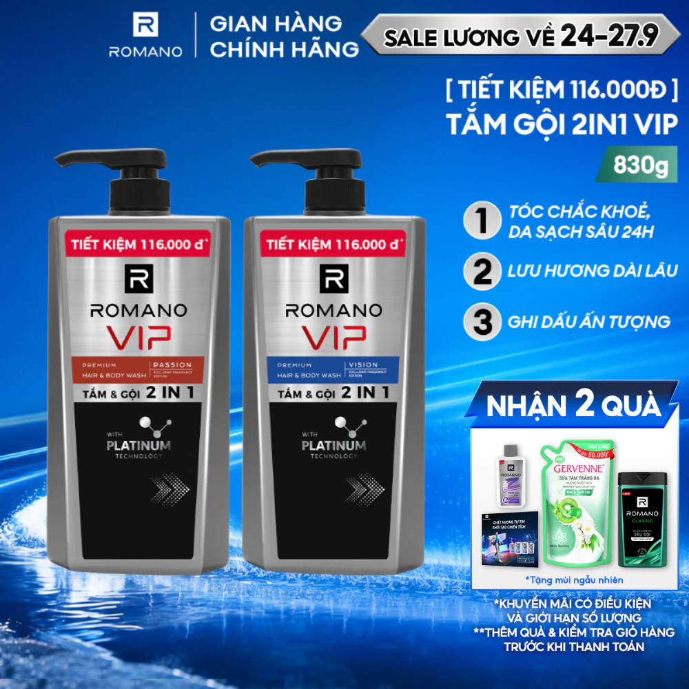 [Dung Tích Lớn] Tắm gội cho nam Cao Cấp Romano VIP Mùi Hương Bí Ẩn Nam Tính  Passion / Vision 830g