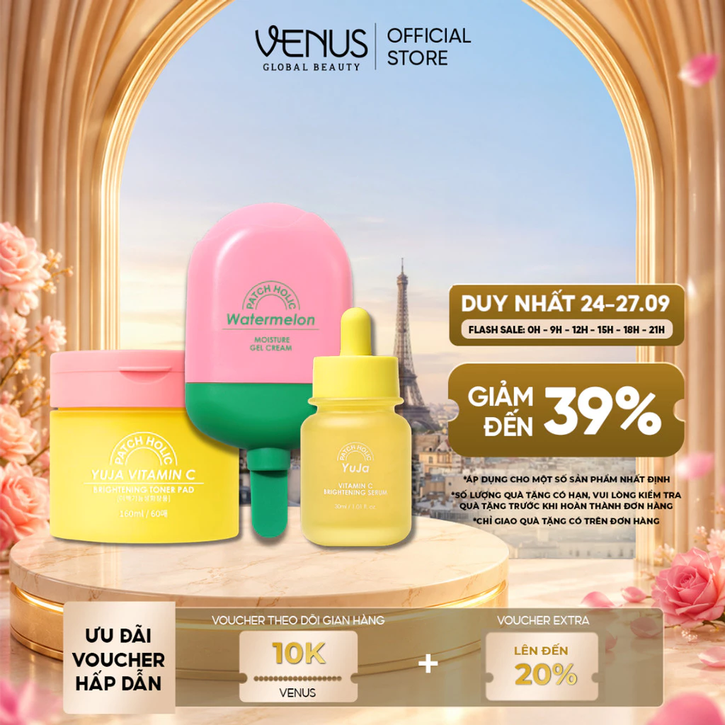 Bộ Ba Sáng Da Toner Pad, Serum Vitamin C Chiết Xuất Trái Yuja & Kem Dưỡng Ẩm Chiết Xuất Dưa Hấu Patch Holic