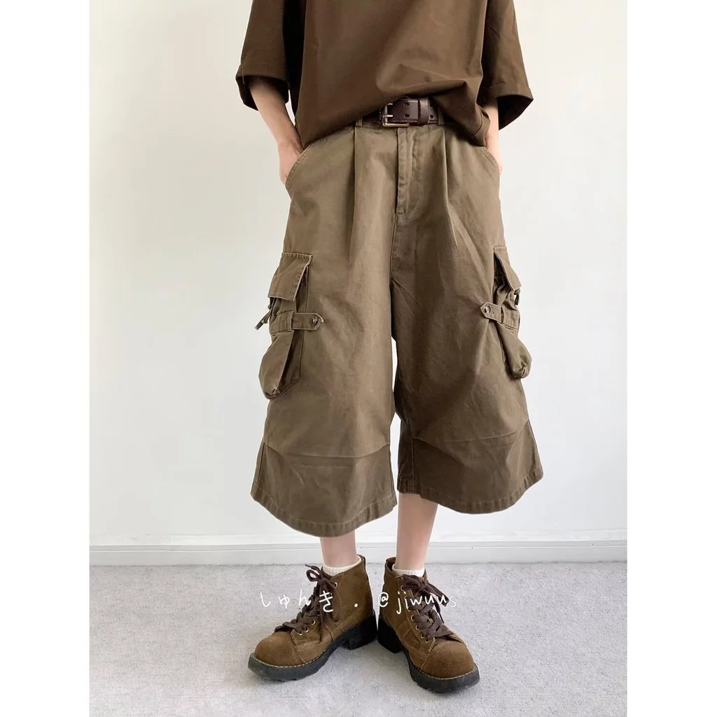 Nhật Bản Retro Nhiều Túi Quần Short Nam Nữ Mùa Hè Giặt Cotton Nguyên Chất Rời Thẳng Over-the-Knee