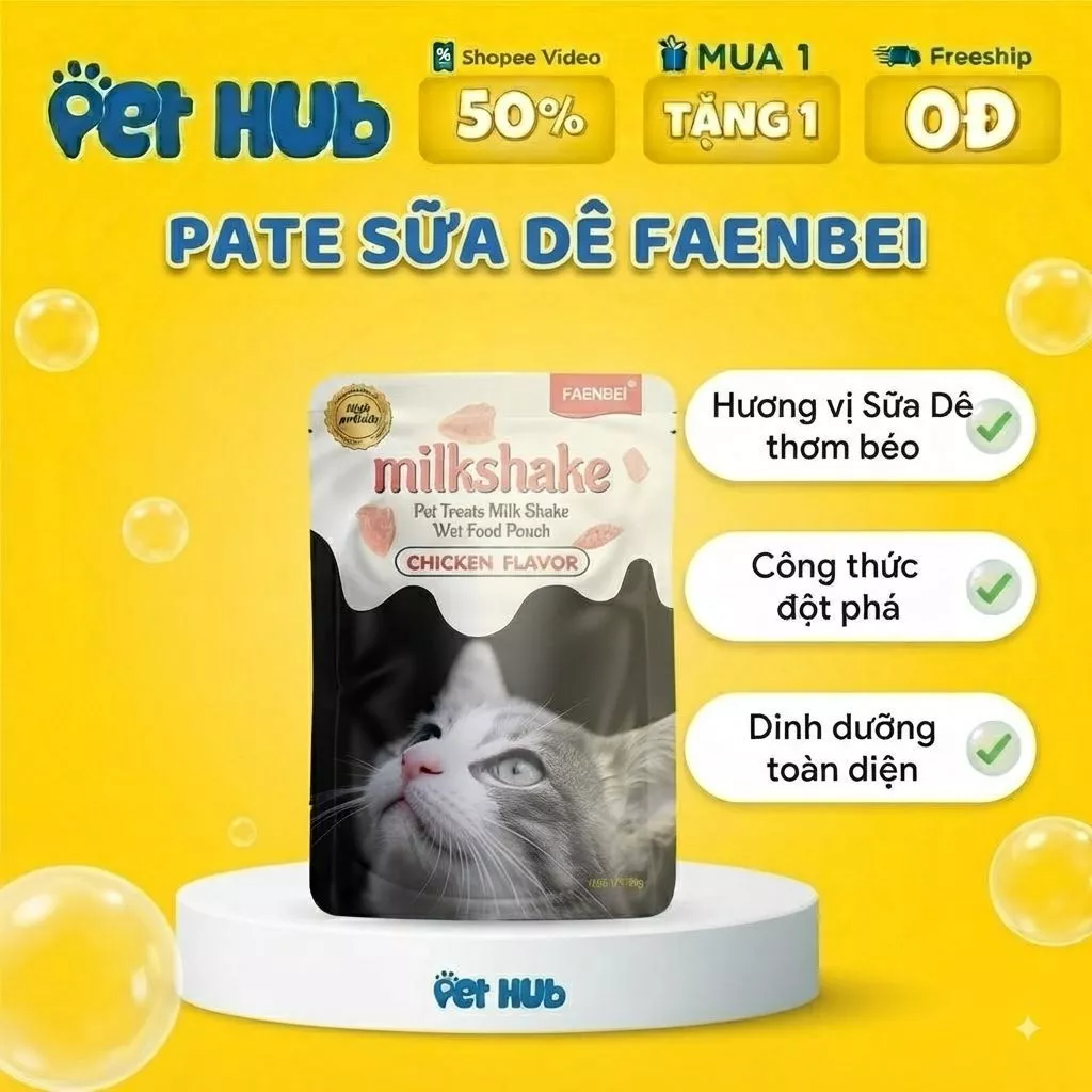 [COMBO 20-10-5] Pate MILKSHAKE FAENBEI, Pate Cho Mèo dạng Sữa Lắc vị thịt gà, Ngon miệng, Dinh dưỡng cao Gói 85g