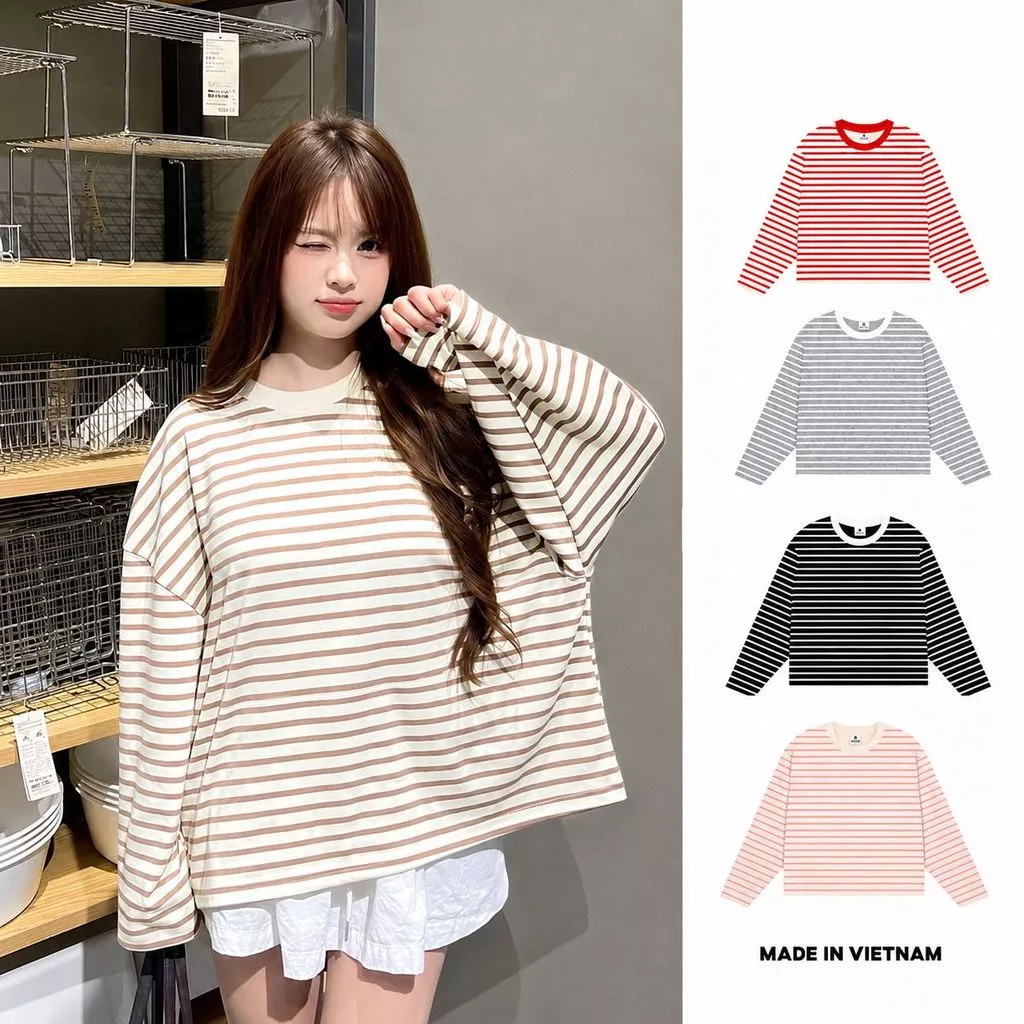 Áo Phông Nữ Tay Dài Kẻ Sọc Ngang Form Rộng, Áo Thun Oversize Cổ Tròn Mặc Đi Học Đi Chơi Phong Cách Hàn Quốc