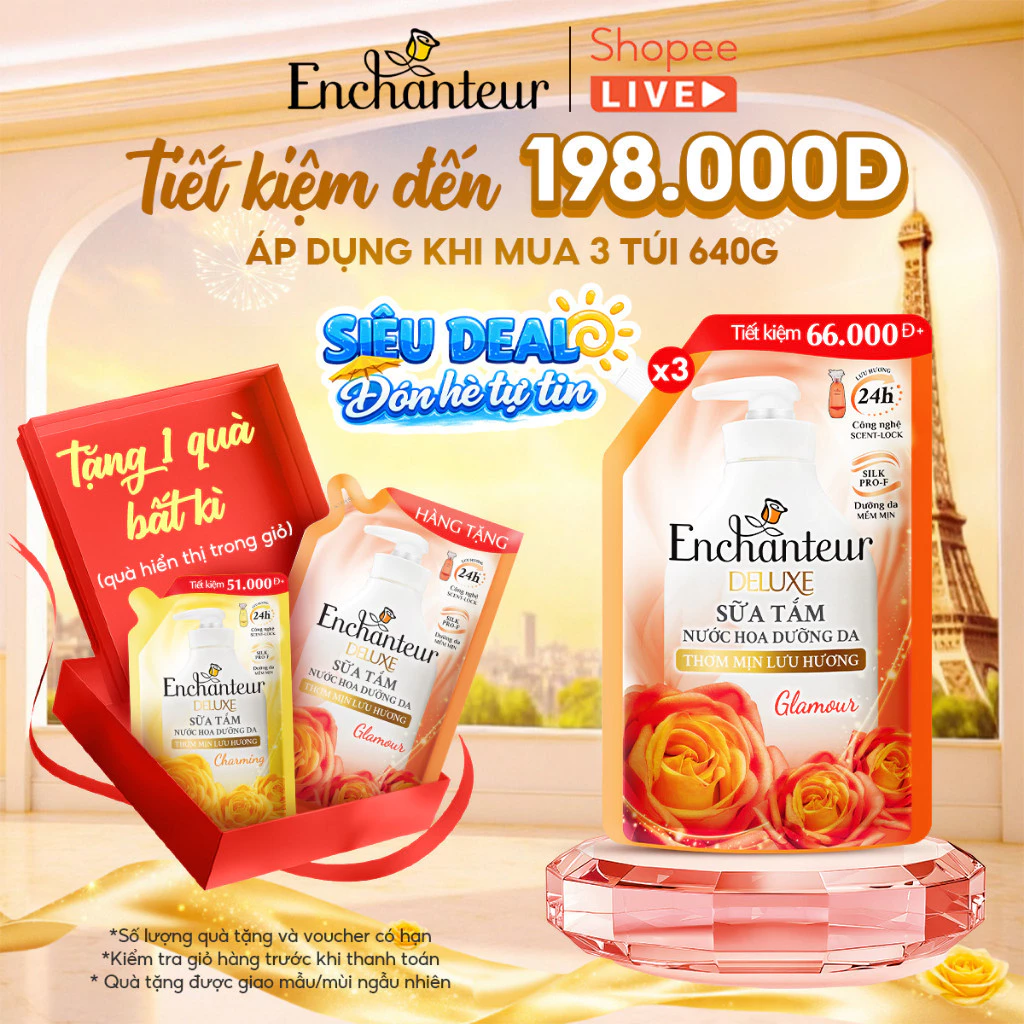 [SVIP] [TIẾT KIỆM] Combo 3 Túi Refill Sữa Tắm Nước Hoa Dưỡng Da Thơm Mịn Lưu Hương Enchanteur 640g x3