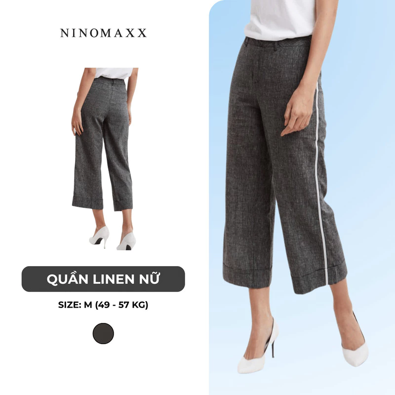 [CÒN SIZE S, M] Quần Tây nữ lửng ống rộng suông màu đen khói vải lanh NINOMAXX 1906042