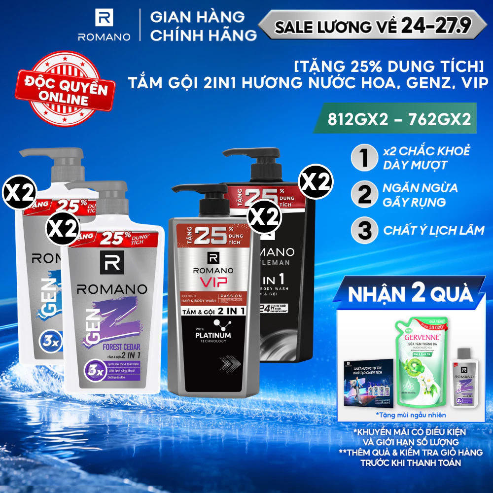[TẶNG 25% DUNG TÍCH] COMBO 2 Tắm gội 2in1 cho nam Romano hương Nước hoa / GenZ / VIP 650g - 610g