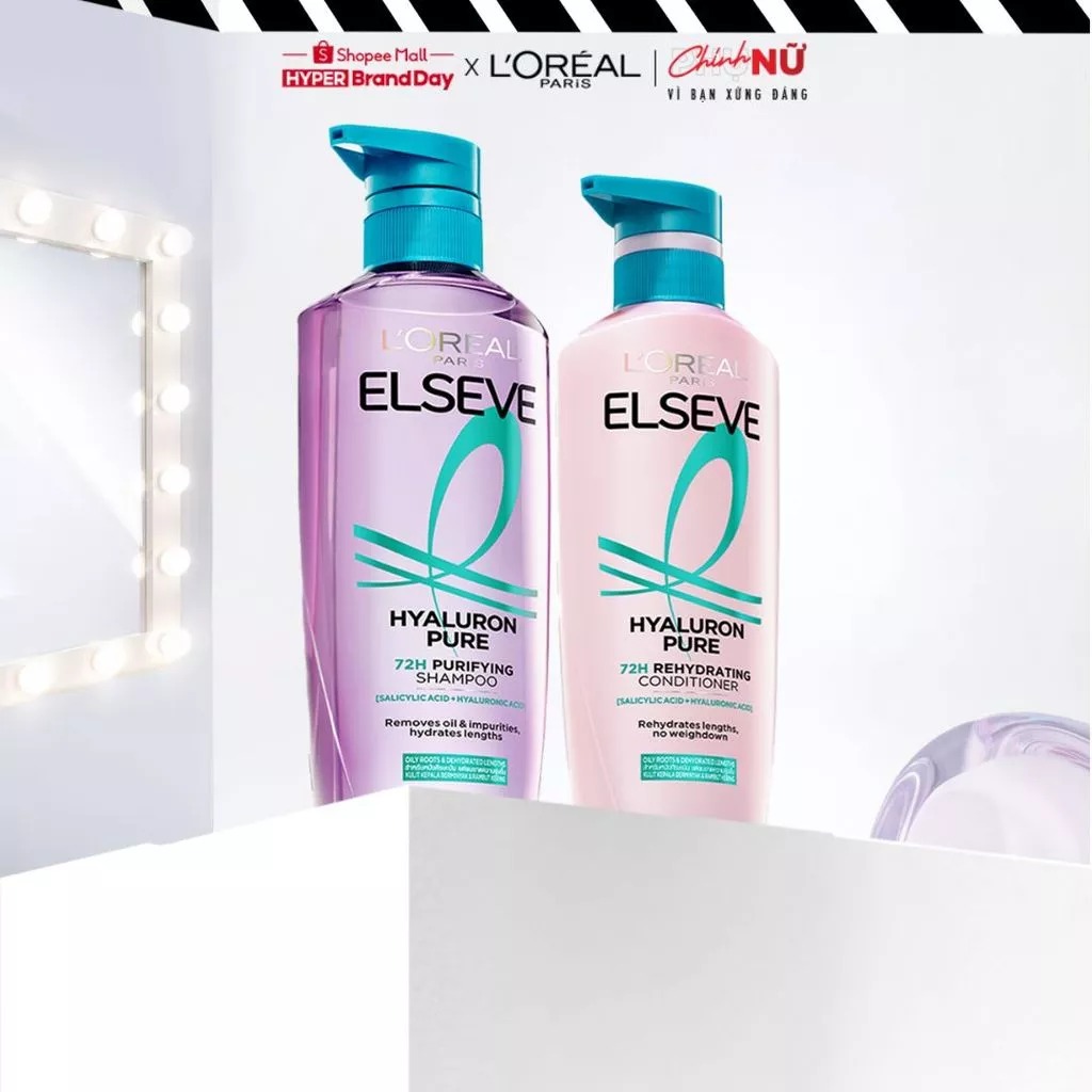 Bộ đôi gội xả nhẹ bồng mái tóc 72H Elseve HA Pure cho da đầu dầu hoặc Moist cho da đầu khô L'Oreal Paris 620ml, 375ml