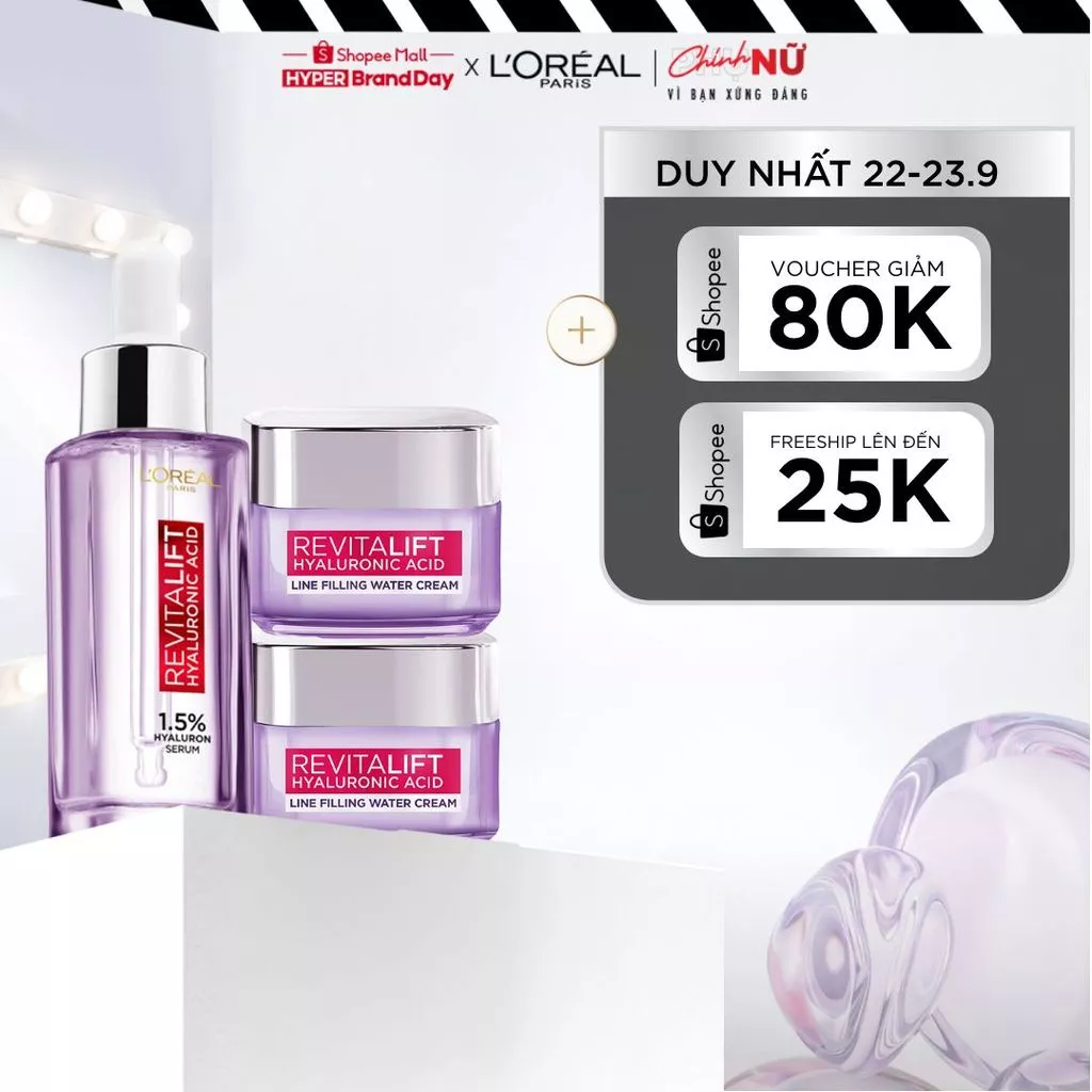 Bộ Serum 30ml và 2 kem dưỡng siêu cấp ẩm và giảm nếp nhăn 15ml x2 L'Oreal Paris Revitalift HA 1.5%